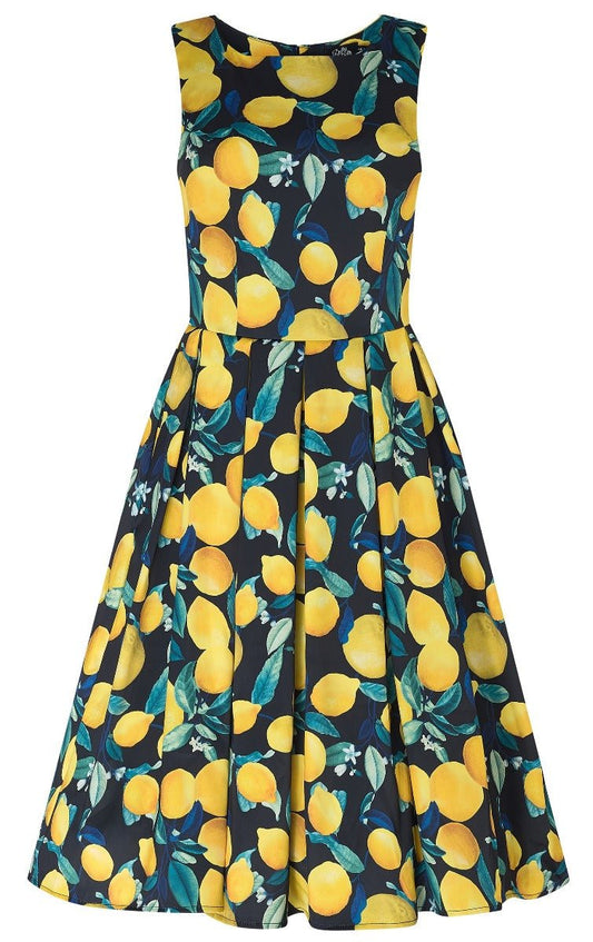 Annie Vintage Inspired Lemon Print Dress in Dark Blue with a Portrait Neckline &  Hidden Pockets