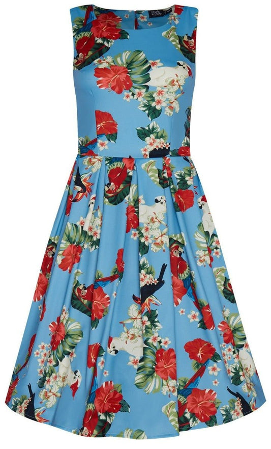 Annie Pecan, Parrot & Leaf Print 1950 Inspired Dress