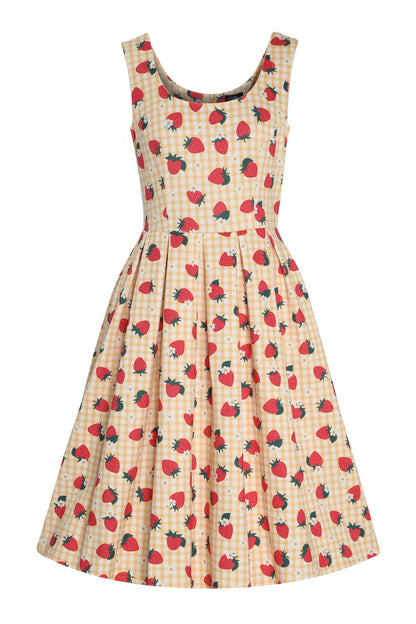 Amanda Strawberry Yellow Gingham Flared Dress