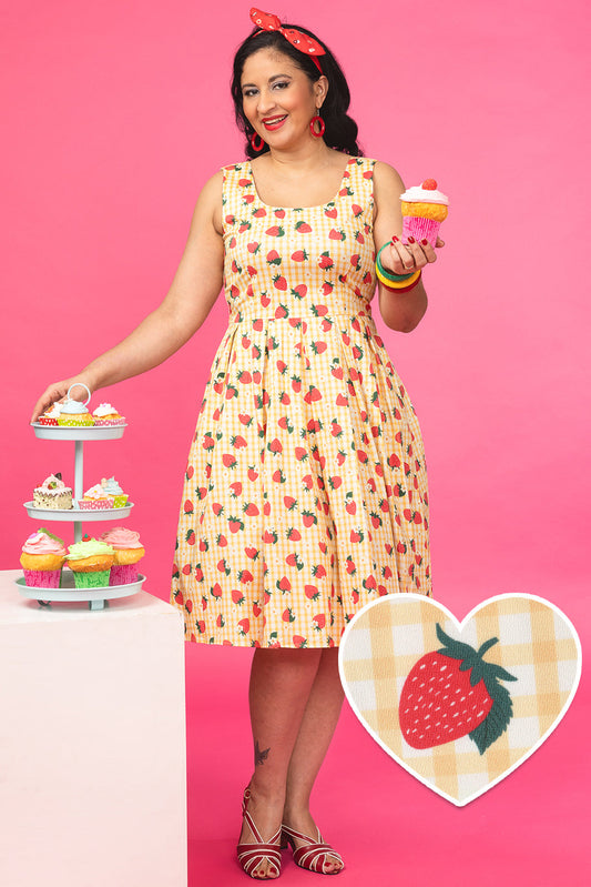 Amanda Strawberry Yellow Gingham Flared Dress
