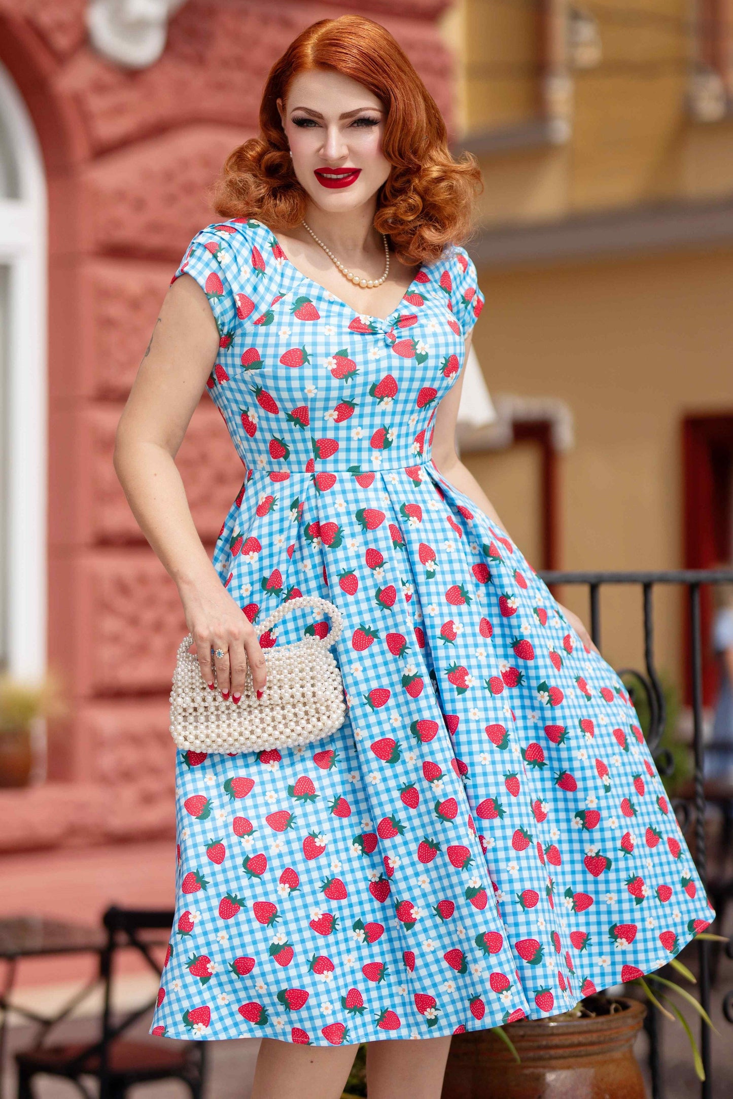 Lily Summer Strawberry Blue Gingham Dress