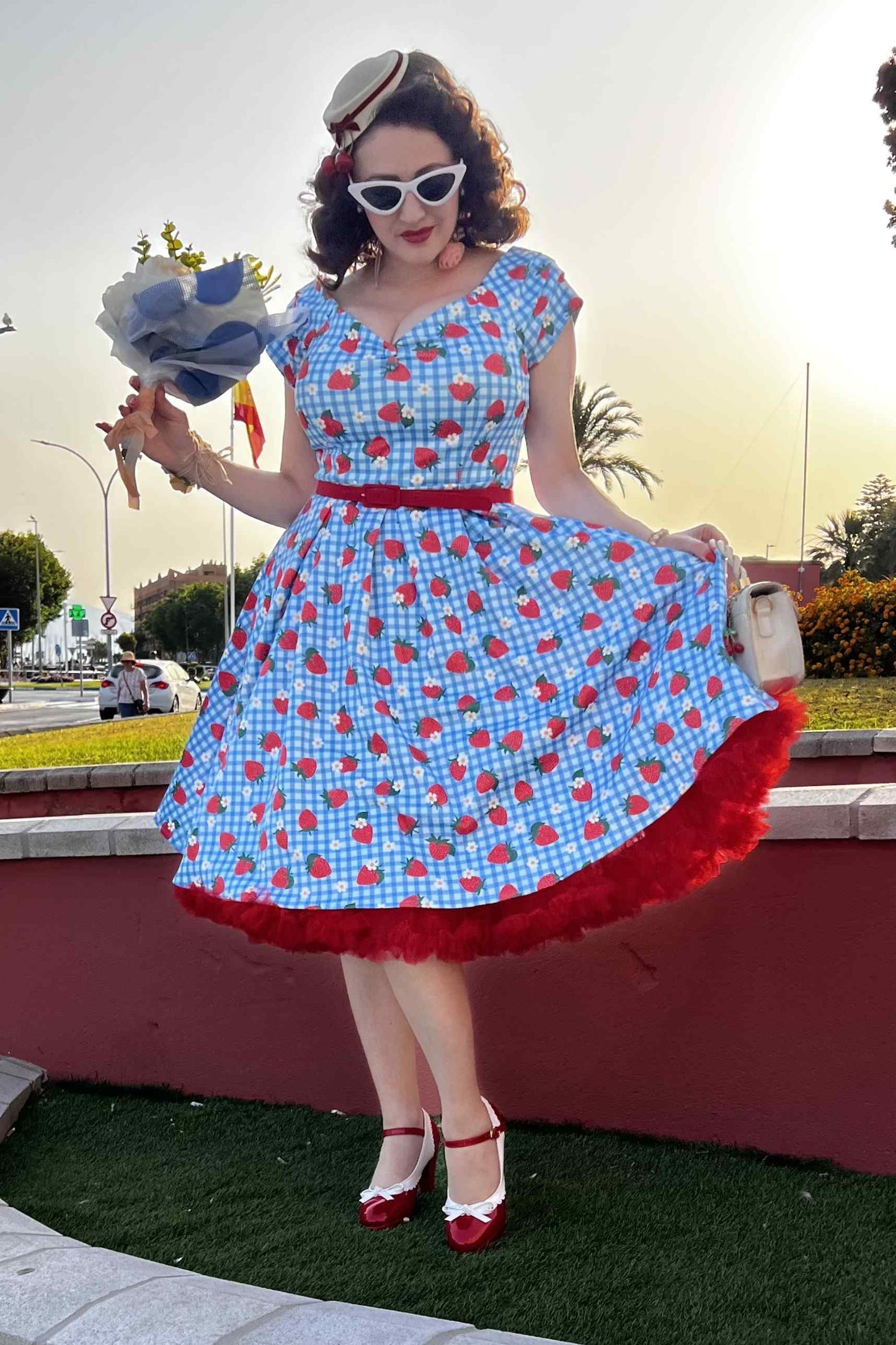 Lily Summer Strawberry Blue Gingham Dress