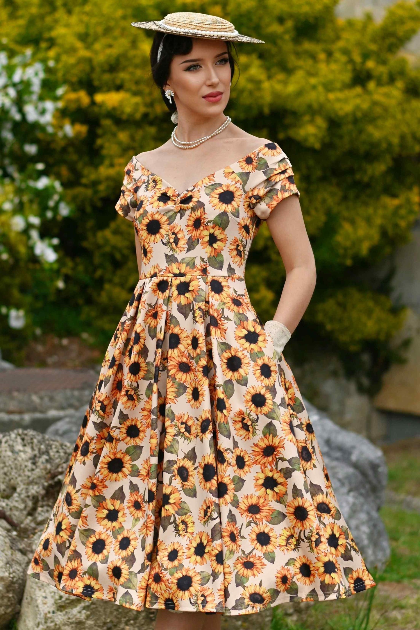 Lily Sunflower Off Shoulder Dress in Beige/Yellow