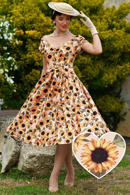 Lily Sunflower Off Shoulder Dress in Beige/Yellow