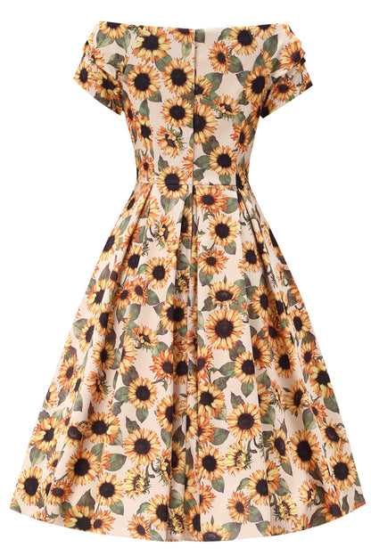 Lily Sunflower Off Shoulder Dress in Beige/Yellow