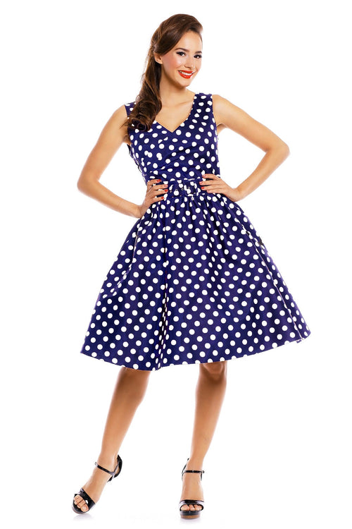 May V-neck 50s  Style Spot Dress in navy blue