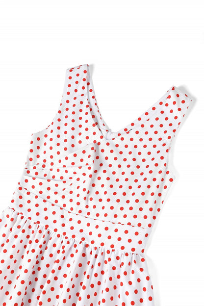 May V Neck White and Red Polka Dot Dress