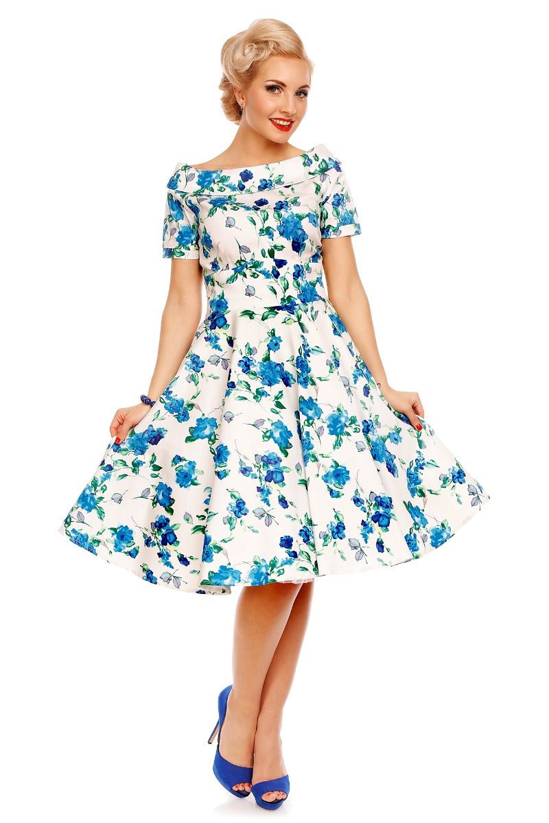 Darlene Floral Roses Swing Dress in White-Blue