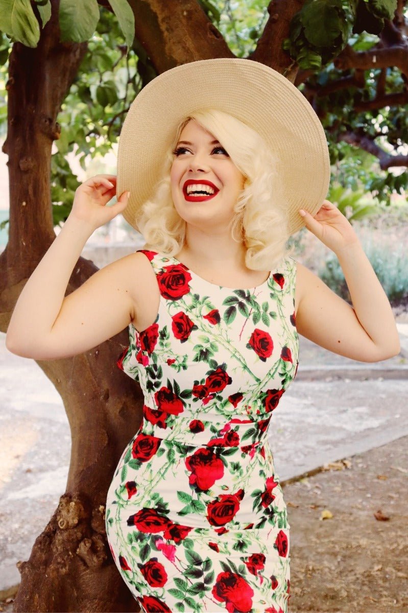 Naomi Floral Rose Scoop Back Pencil Dress in White-Red