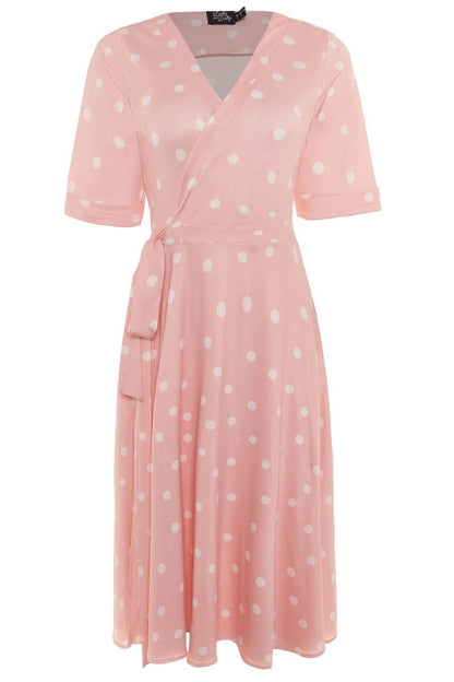 Matilda Retro Wrap Dress in Pale Pink-White Polka dots