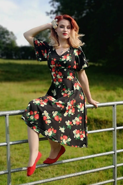 Janice V-Neck Sleeved Tea Dress in Black Strawberry Print