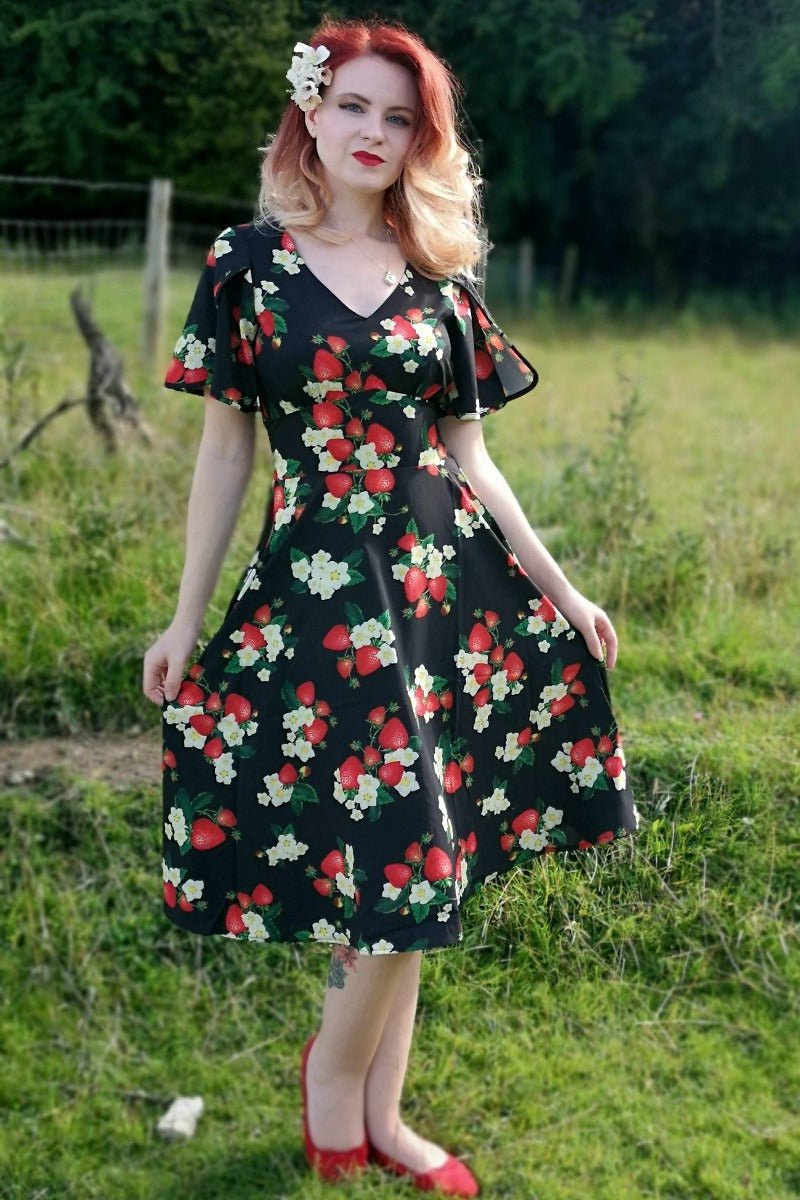 Janice V-Neck Sleeved Tea Dress in Black Strawberry Print