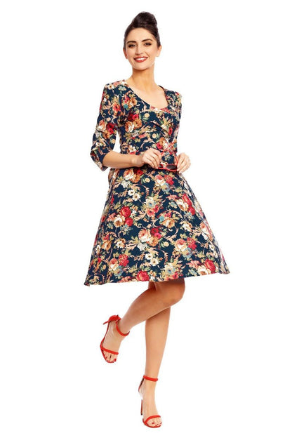 Katherine Long Sleeve 50s Style Floral Swing Dress in Purple