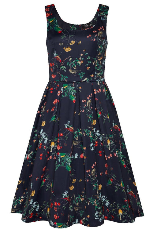 Navy Amanda 50s Inspired  Swing Dress  Bird with Flower Print
