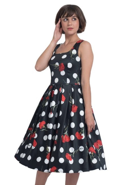 Amanda Floral Polka Dot Swing Dress in Black-Red