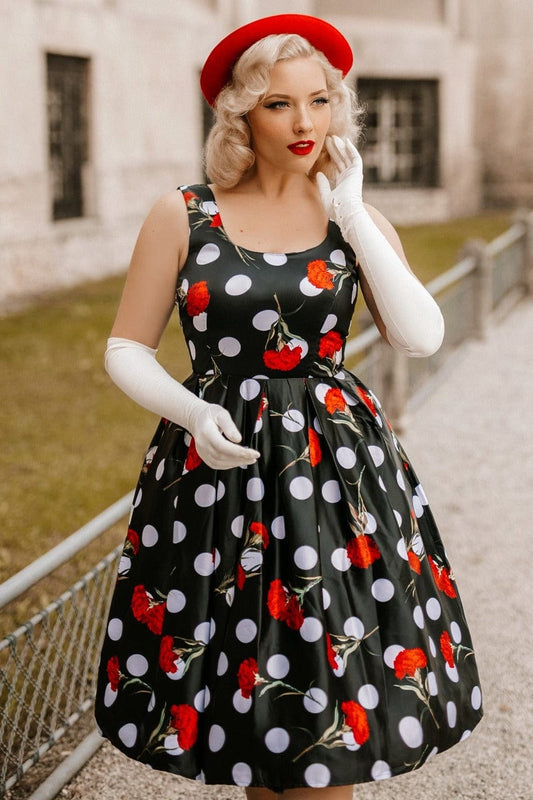 Amanda Floral Polka Dot Swing Dress in Black-Red