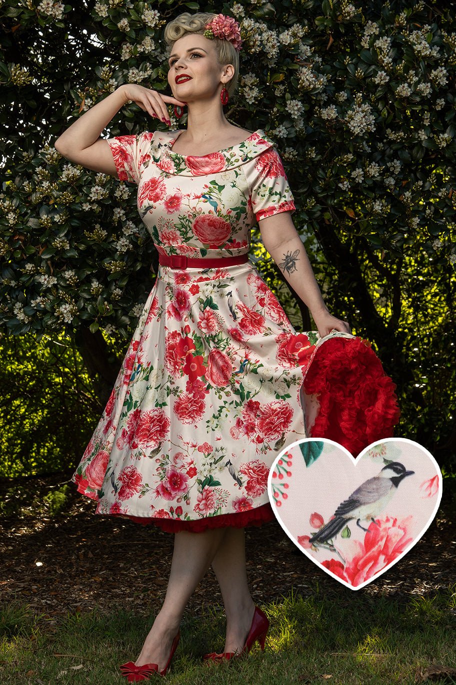 Darlene Vintage Peony Floral Tea Dress In White & Pink