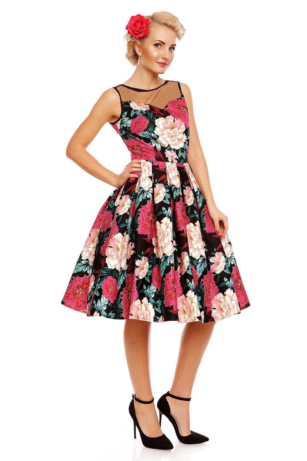 Elizabeth Vintage Style Floral Party Dress in Black/Pink