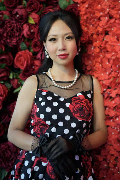 Elizabeth Vintage Style Polka Roses Party Dress in Black-Red