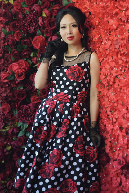 Elizabeth Vintage Style Polka Roses Party Dress in Black-Red