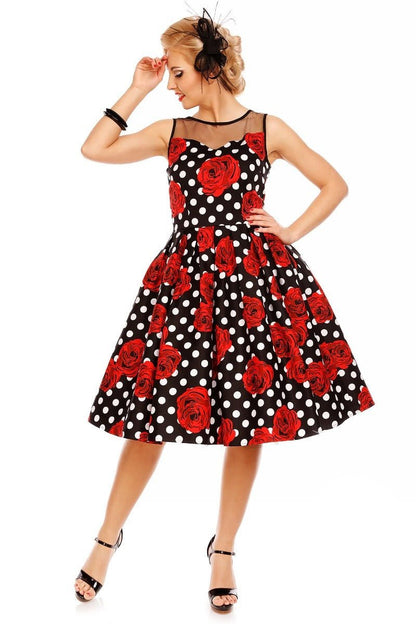 Elizabeth Vintage Style Polka Roses Party Dress in Black-Red