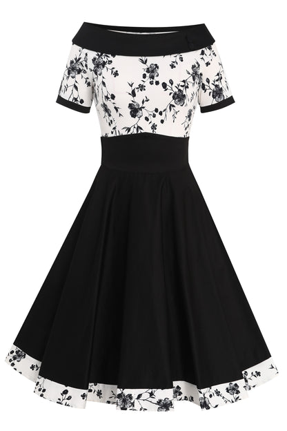 Darlene White & Black Floral Roll Collar Dress