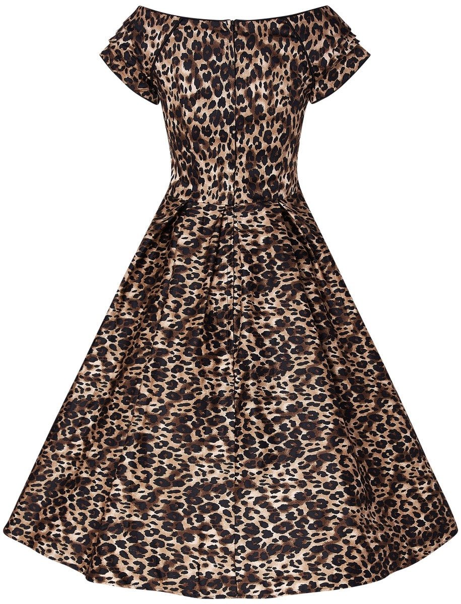 Lily Off-Shoulder Swing Dress in Brown Leopard Print