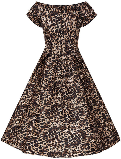 Lily Off-Shoulder Swing Dress in Brown Leopard Print