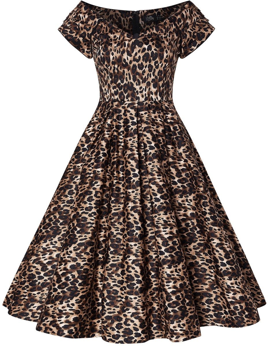Lily Off-Shoulder Swing Dress in Brown Leopard Print