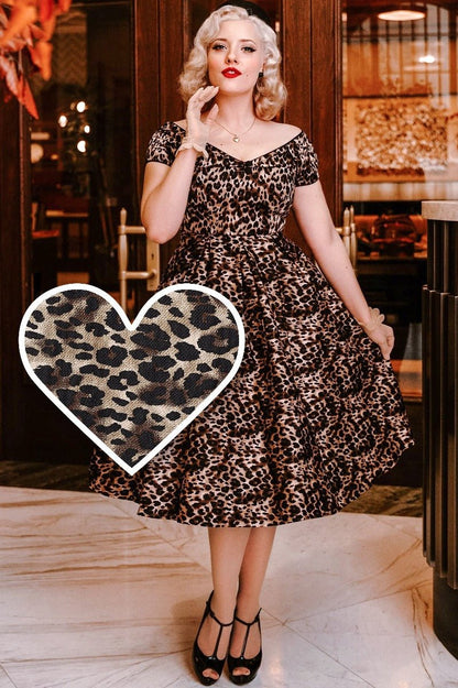 Lily Off-Shoulder Swing Dress in Brown Leopard Print