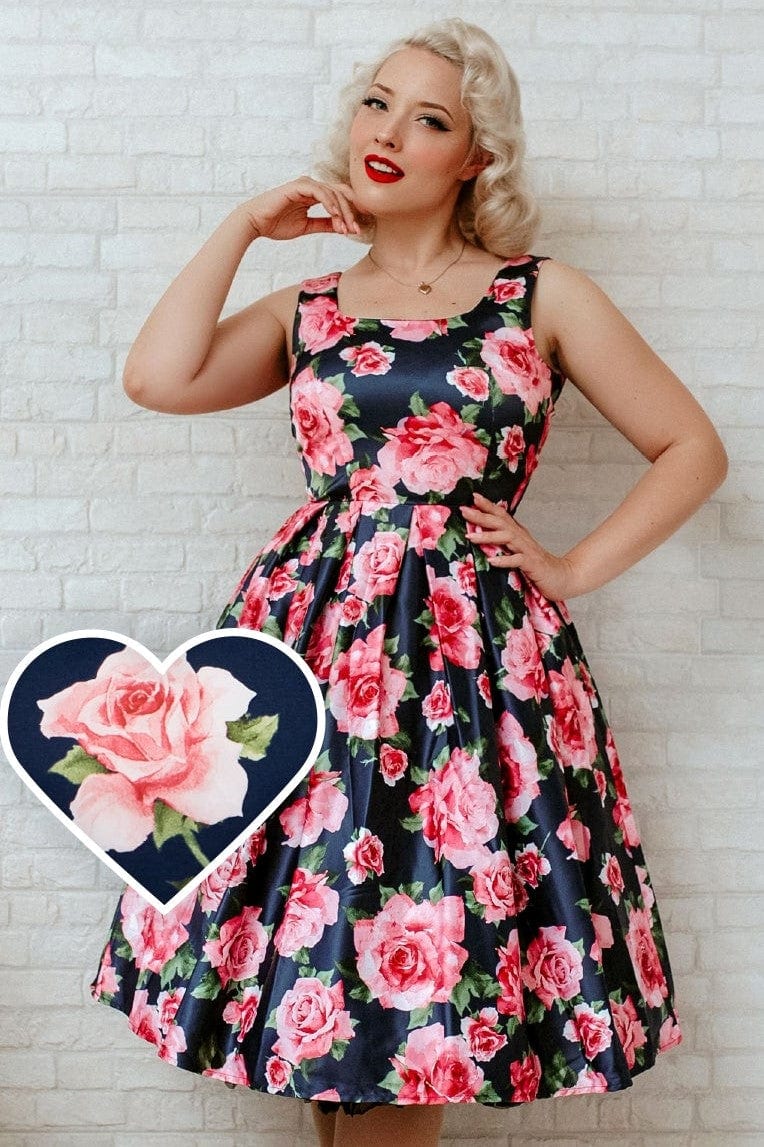 Amanda Blue & Pink Roses Swing Dress