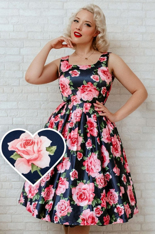 Amanda Blue & Pink Roses Swing Dress