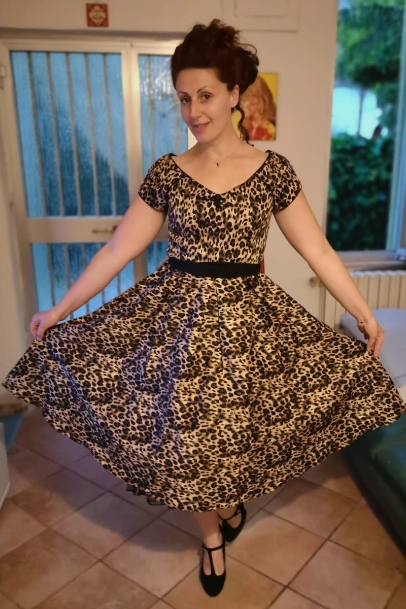 Lily Off-Shoulder Swing Dress in Brown Leopard Print