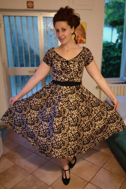 Lily Off-Shoulder Swing Dress in Brown Leopard Print