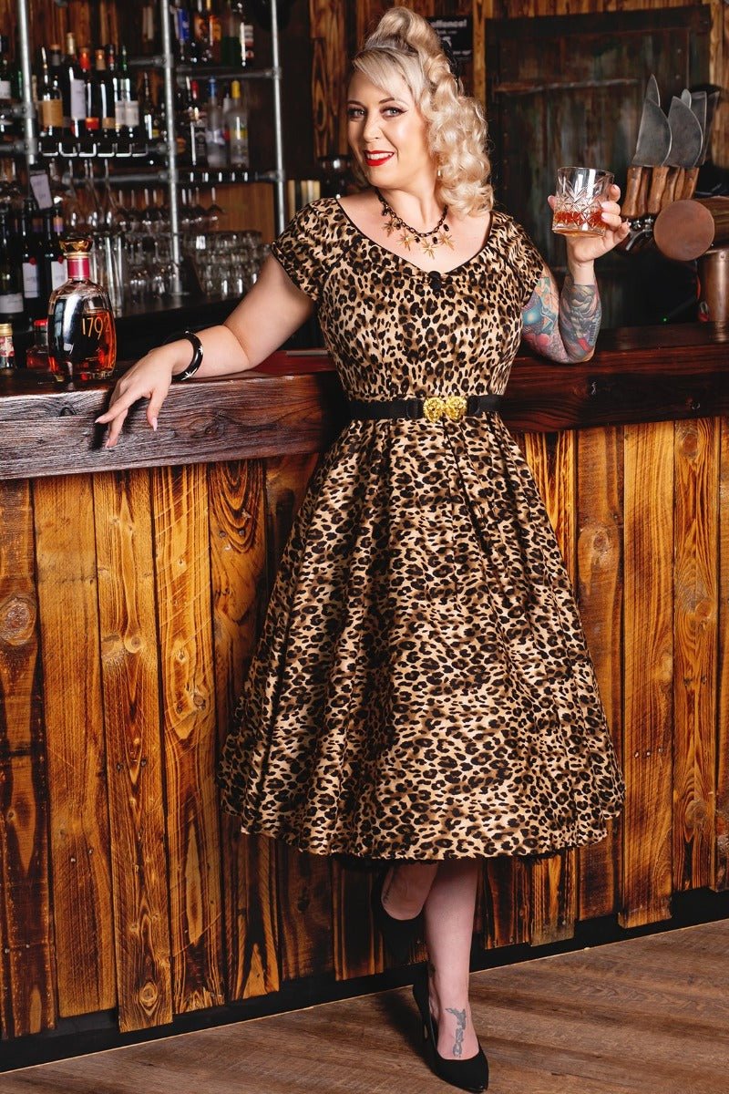 Lily Off-Shoulder Swing Dress in Brown Leopard Print