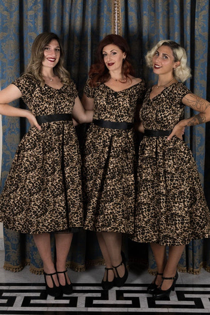 Lily Off-Shoulder Swing Dress in Brown Leopard Print